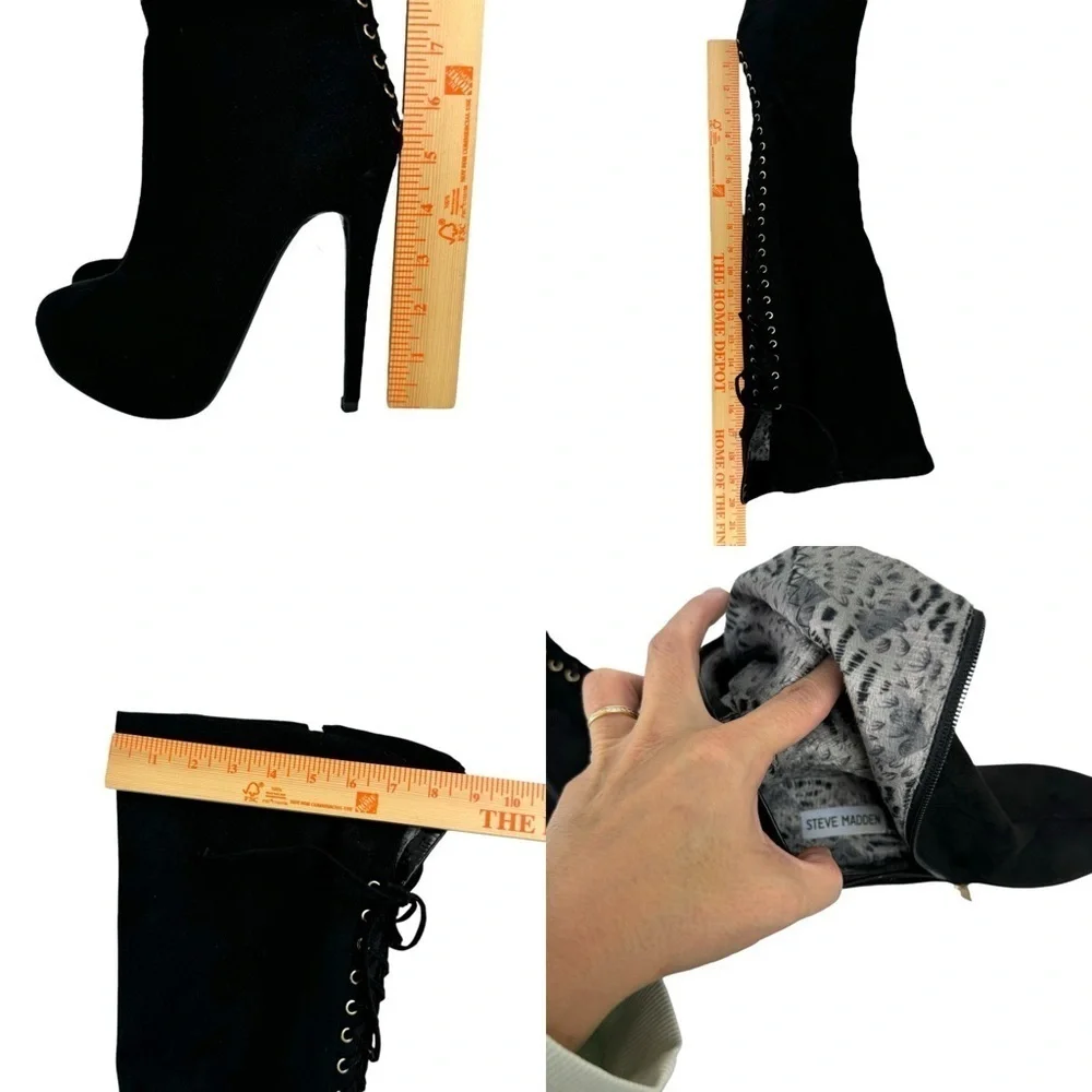 Steve Madden Ladysnte Lace Up Thigh High Boots Platform Black Faux Suede SZ 6.5